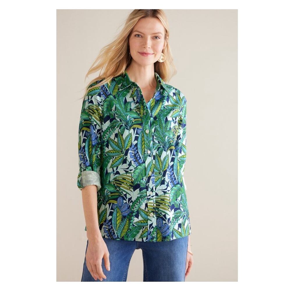 Soft Surroundings Green Tropical Leaf Linen Blend Jordan Button Up Shirt Sz.XL